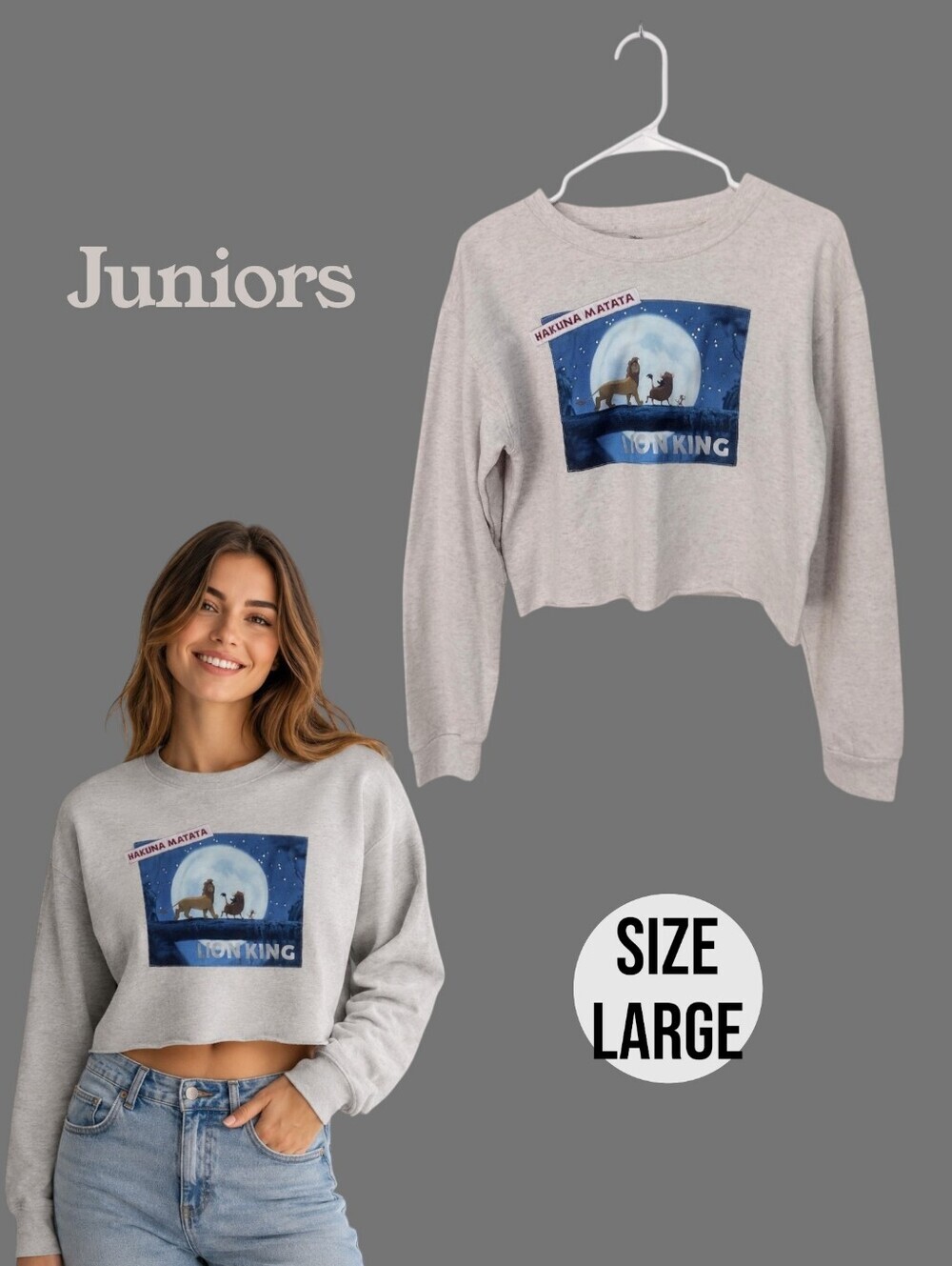 Disneys Lion King Hakuna Matata Cropped Gray Sweatshirt - Juniors Large